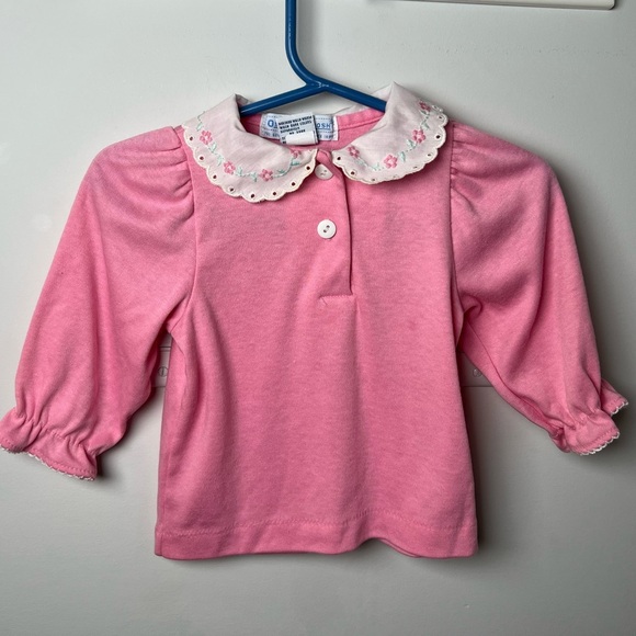 Vintage OshKosh B'gosh Pink Long Sleeve Shirt with Eyelet Detail Collar 6-9M - Picture 6 of 6